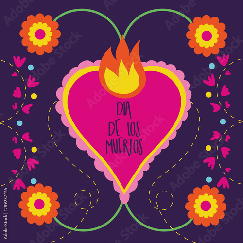 dia de los muertos card with heart flame and flowers