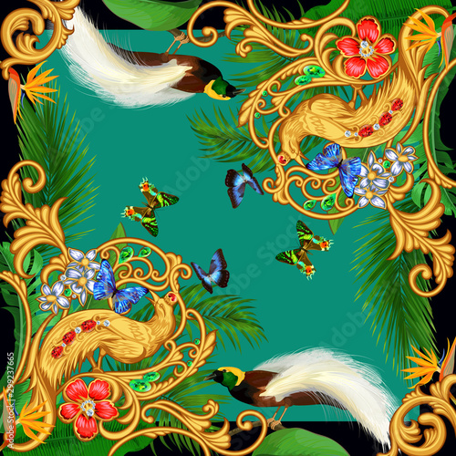 Design of tropical silk scarf with paradise birds and jewelry