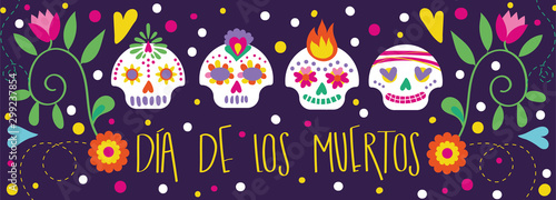 dia de los muertos card with calligraphy and skulls floral decoration