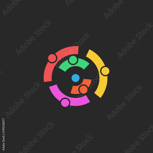Teamwork logo abstract asymmetric silhouettes of friendly people holding hands in a circle, symbol of volunteer organization