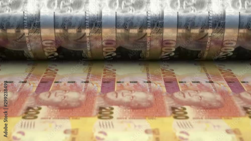 A loop able animation concept image showing a long sheet of South African Rand notes going through a print roller in its final phase of a print run