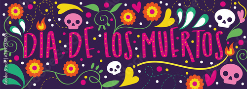 dia de los muertos card with calligraphy and floral decoration