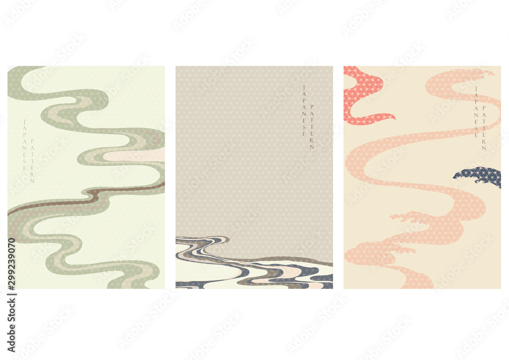 Japanese background with abstract arts vector. Geometric pattern in Asian style. Oriental template with wavy elements. Sea surface wallpaper. Zen poster design. - obrazy, fototapety, plakaty 