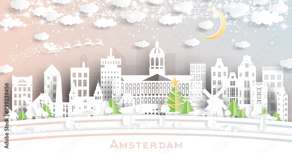 Fototapeta premium Amsterdam Holland City Skyline in Paper Cut Style with Snowflakes, Moon and Neon Garland.