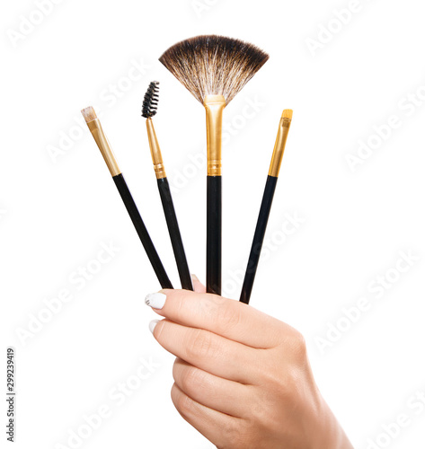Sets of different brushes for makeup in female hands