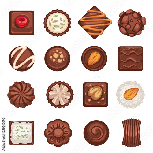 Dessert or chocolate candies isolated icons, coffee break snack