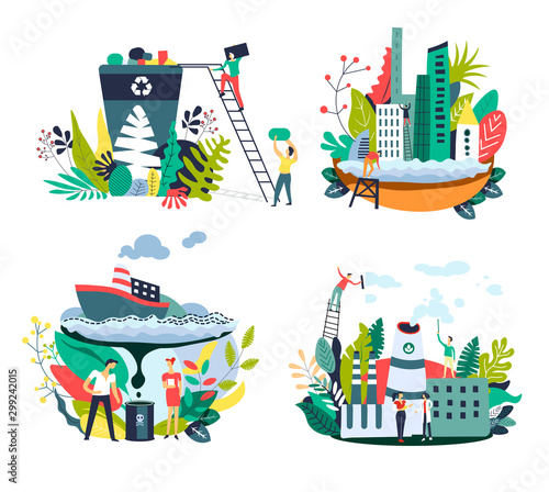 Ecology and environment protection, earth and water pollution prevention