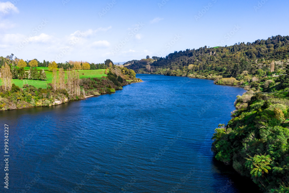 Aerial view of Lake Karapiro landscape in New Zealand
