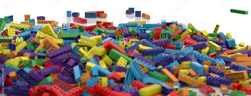 Naklejka premium Colored toy bricks background. Rainbow colors. Random coloured plastic construction blocks. 3D illustration. 3D rendering. Isolated on white background