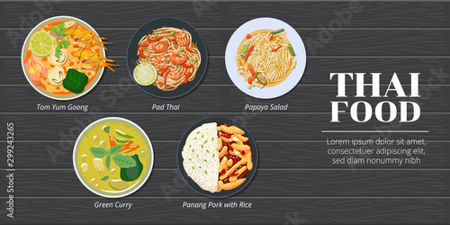 Tom yum kung,pad thai,papaya salad,green curry,panang pork with rice thai spicy food vector set collection graphic design