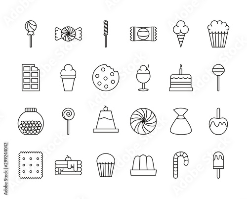 sweet dessert candy and pastry icons set line