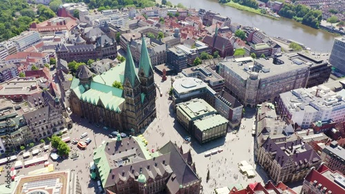 Bremen, Germany. From Bremen Market Square ( Bremer Marktplatz ), to the Bremen Schnoor ( Schnoorviertel ). View in flight, Aerial View, Point of interest photo