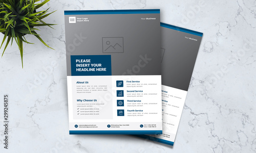 A4 minimalist modern elegant business template flayer with blue, white and grey color cmyk ready to print in vector editable layer