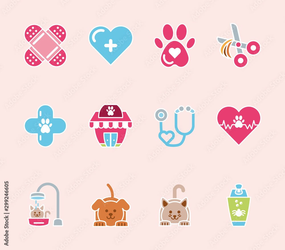 pet shop grooming vet care icons set