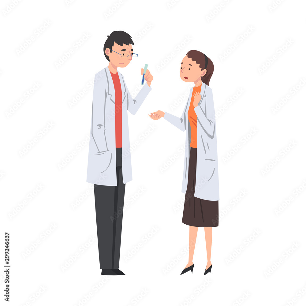 Two Scientist Characters in Lab Coat Doing Research in Chemical or Biological Scientific Lab Vector Illustration