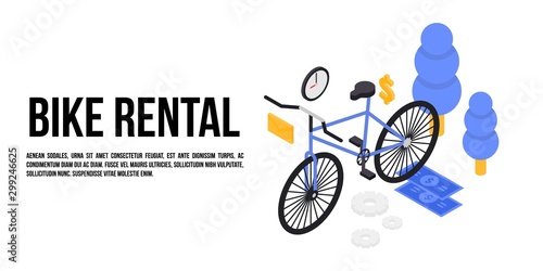 Bike rental concept banner. Isometric illustration of bike rental vector concept banner for web design