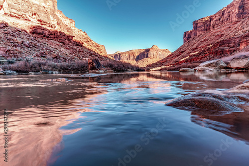 The Colorado River in Moab, Utah, USA between the mountain ranges of the West.