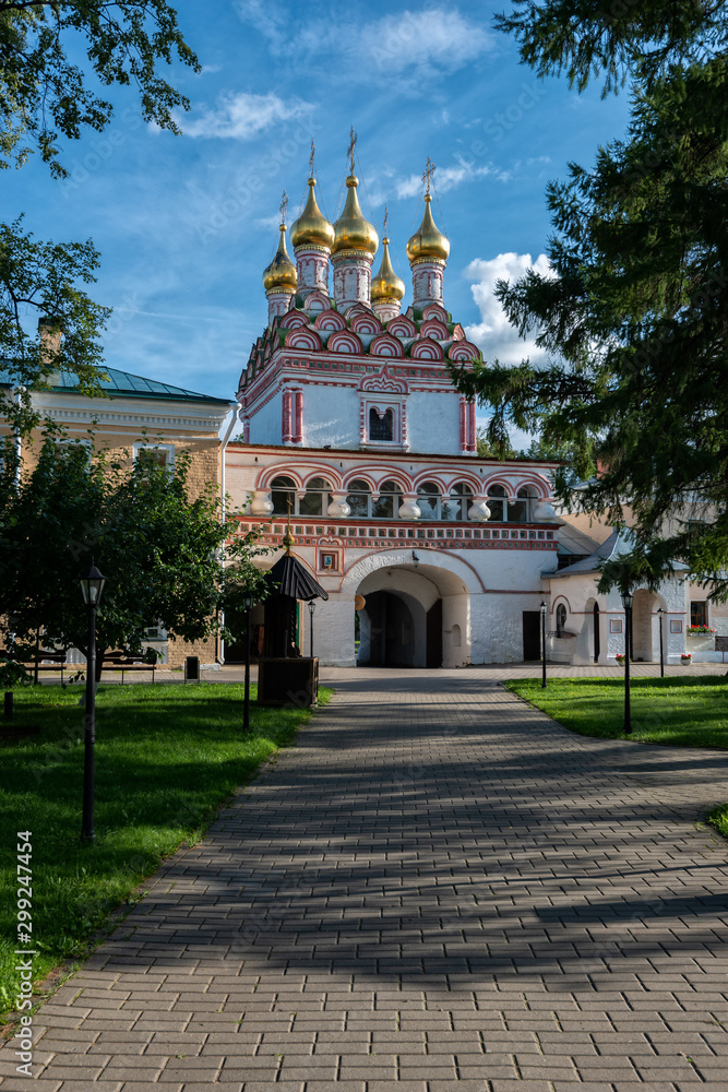 The main entrance of the monastery with a gate church. Russian shrines. Joseph-Volotsky Monastery in Teryaev. Moscow region, Teryaevo.