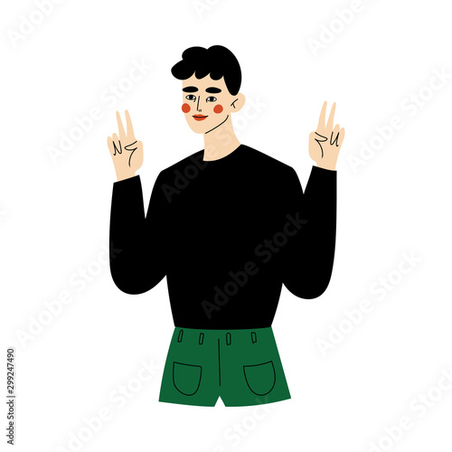 Young Man Making Peace and Love Signs Gestures Vector Illustration