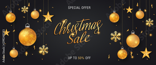 Christmas sale banner or web header black background template with glitter gold elements, snowflakes, stars and calligraphy