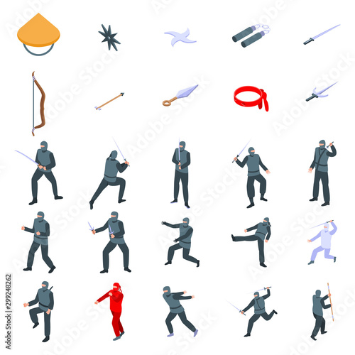 Ninja icons set. Isometric set of ninja vector icons for web design isolated on white background