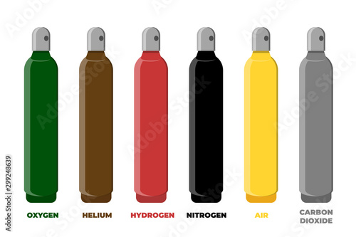 Compressed gas storage cylinder identification color set. Vector illustration.