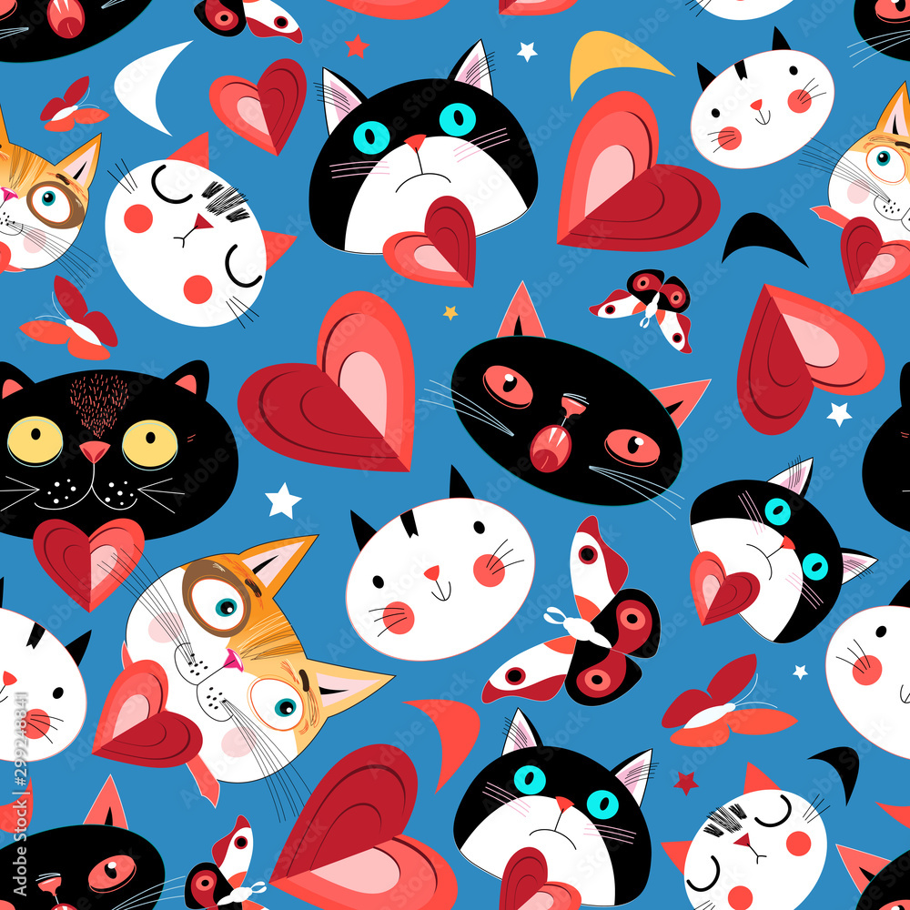 Seamless bright pattern of funny cats in love