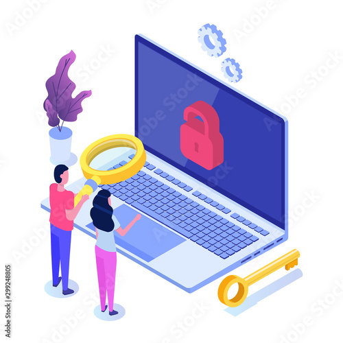 Vulnerability and bugs search, finding malware concept.  Vector  isometric illustration.