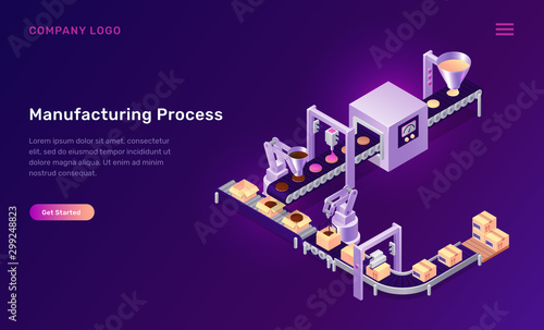 Manufacturing process isometric concept vector illustration. Conveyor belt for cookies assembly, baking, adding jam chocolate and product packaging, production line confectionery factory purple banner