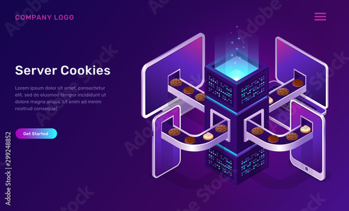 Server cookies technology, isometric concept vector illustration. Server tower, conveyor belt with cookies and user devices, mobile phone, tablet and laptop. Modern web spy technology using browser