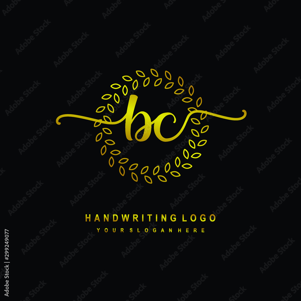 Handwriting initials BC , With a gold leaf line template. logo design for, beauty, fashion, cosmetic, business Handwriting initials BC , With a gold leaf line template. logo design for, beauty, fashion, cosmetic, business