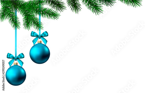 New Year background with blue Christmas ball and spruce branch.