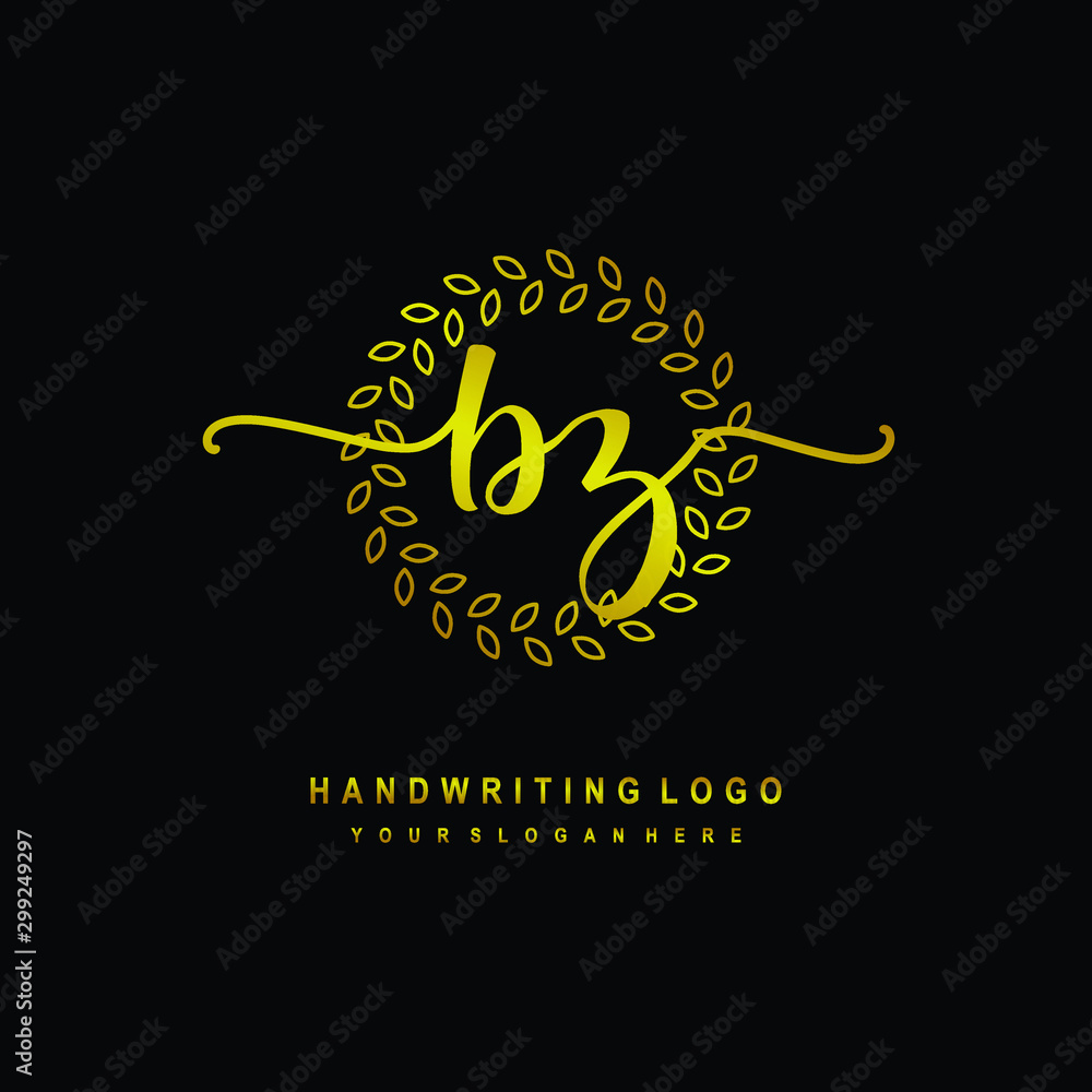 Handwriting initials BZ , With a gold leaf line template. logo design for, beauty, fashion, cosmetic, business Handwriting initials BZ , With a gold leaf line template. logo design for, beauty, fashion, cosmetic, business