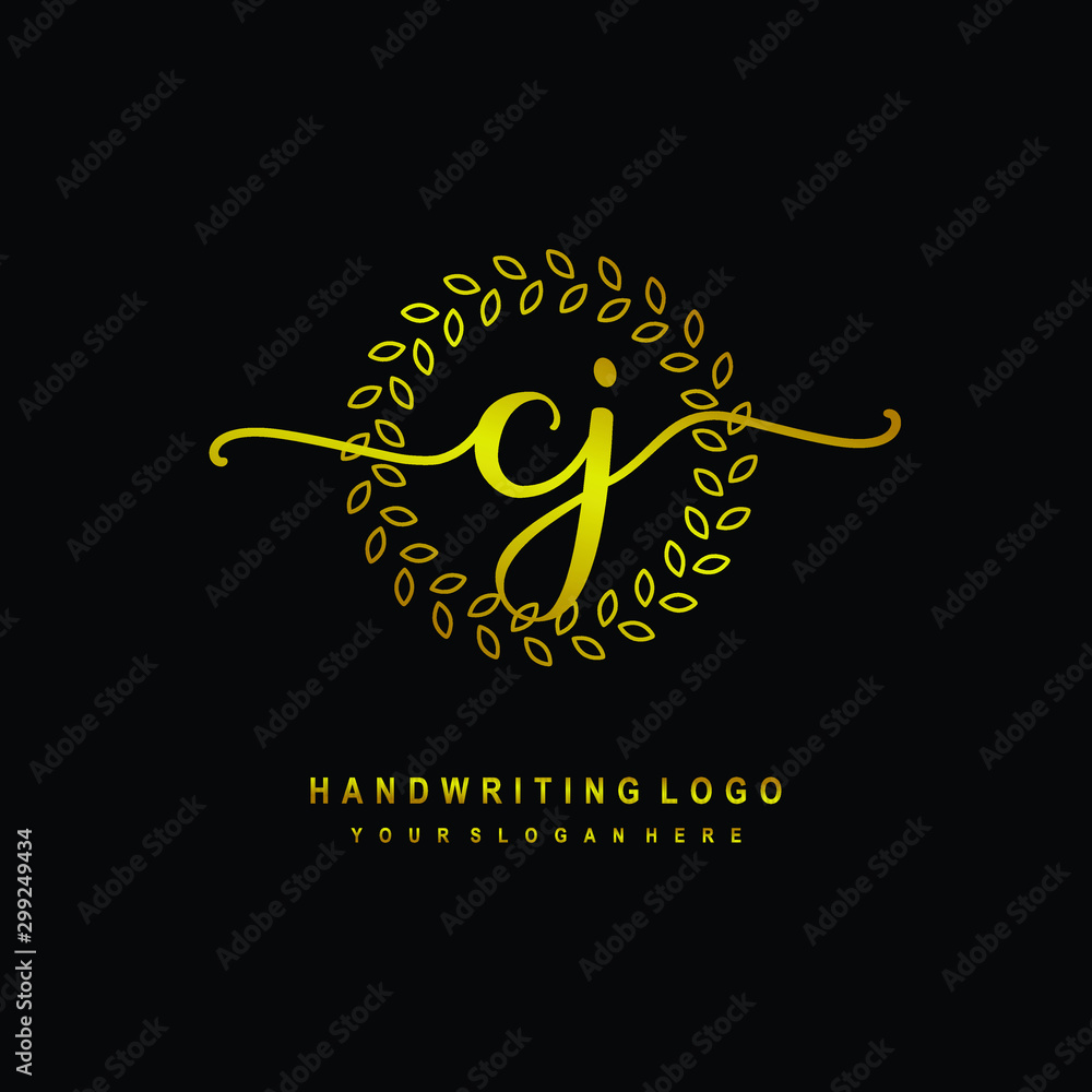 Handwriting initials CJ , With a gold leaf line template. logo design for, beauty, fashion, cosmetic, business Handwriting initials CJ , With a gold leaf line template. logo design for, beauty, fashion, cosmetic, business