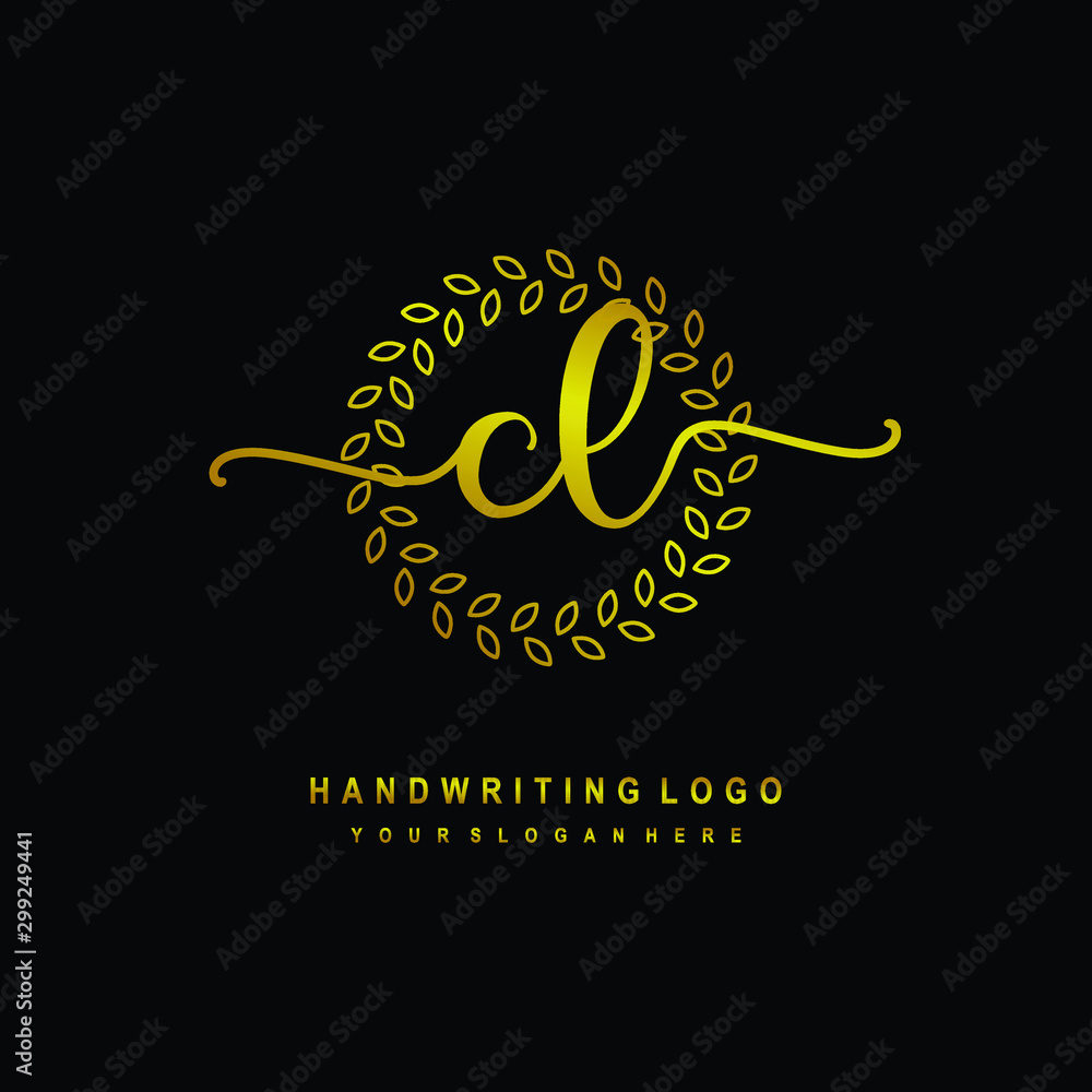 Handwriting initials CL , With a gold leaf line template. logo design for, beauty, fashion, cosmetic, business Handwriting initials CL , With a gold leaf line template. logo design for, beauty, fashion, cosmetic, business