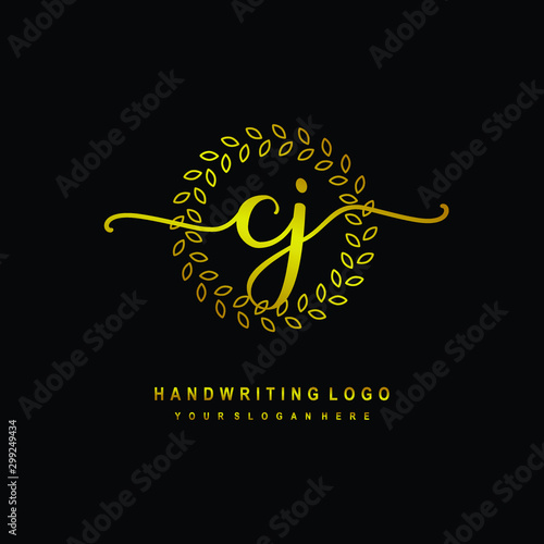 Handwriting initials CJ , With a gold leaf line template. logo design for, beauty, fashion, cosmetic, business