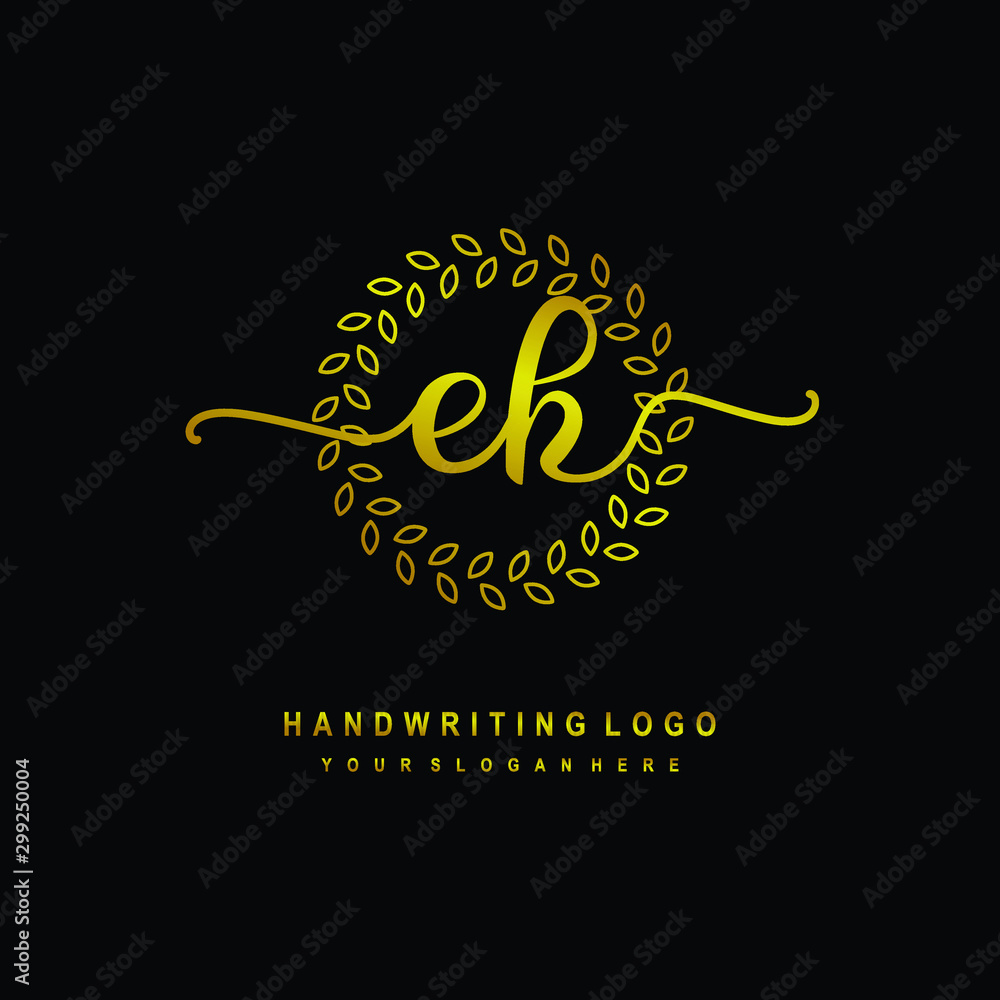 Handwriting initials EH , With a gold leaf line template. logo design for, beauty, fashion, cosmetic, business Handwriting initials EH , With a gold leaf line template. logo design for, beauty, fashion, cosmetic, business
