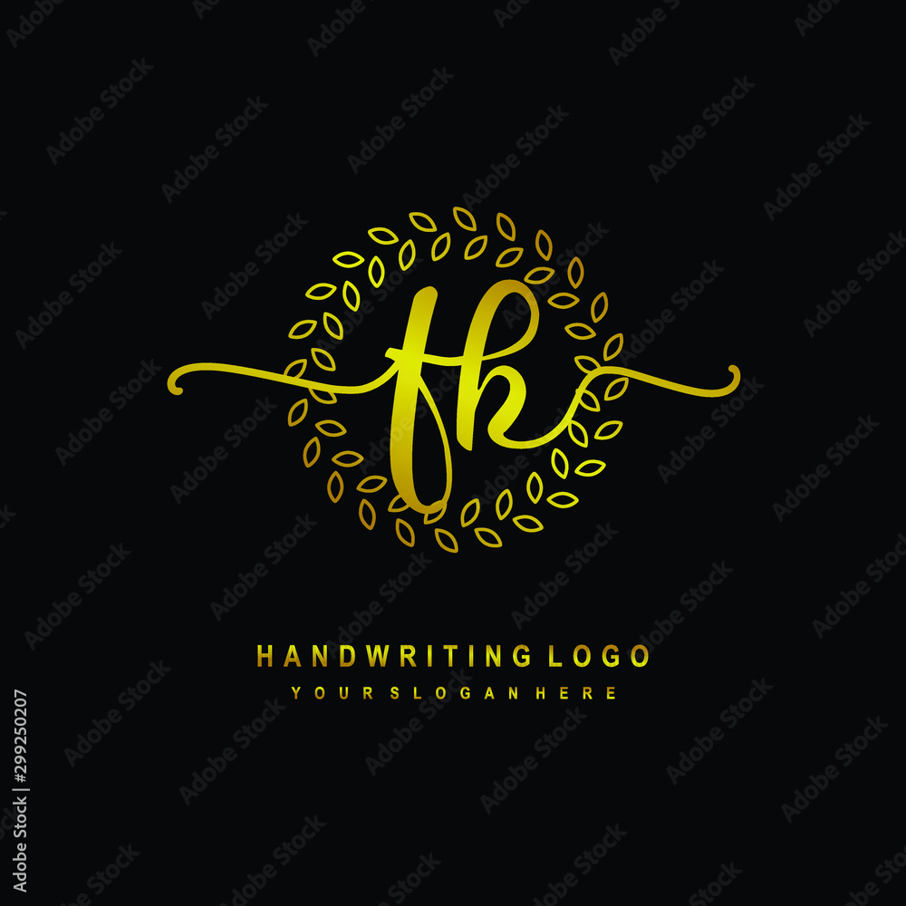 Handwriting initials FH , With a gold leaf line template. logo design for, beauty, fashion, cosmetic, business Handwriting initials FH , With a gold leaf line template. logo design for, beauty, fashion, cosmetic, business