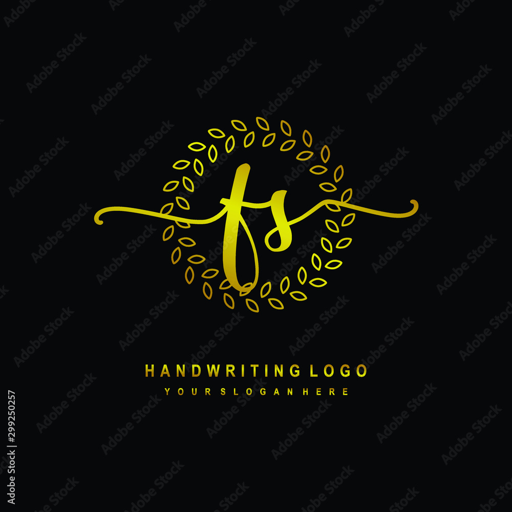 Handwriting initials FS , With a gold leaf line template. logo design for, beauty, fashion, cosmetic, business Handwriting initials FS , With a gold leaf line template. logo design for, beauty, fashion, cosmetic, business
