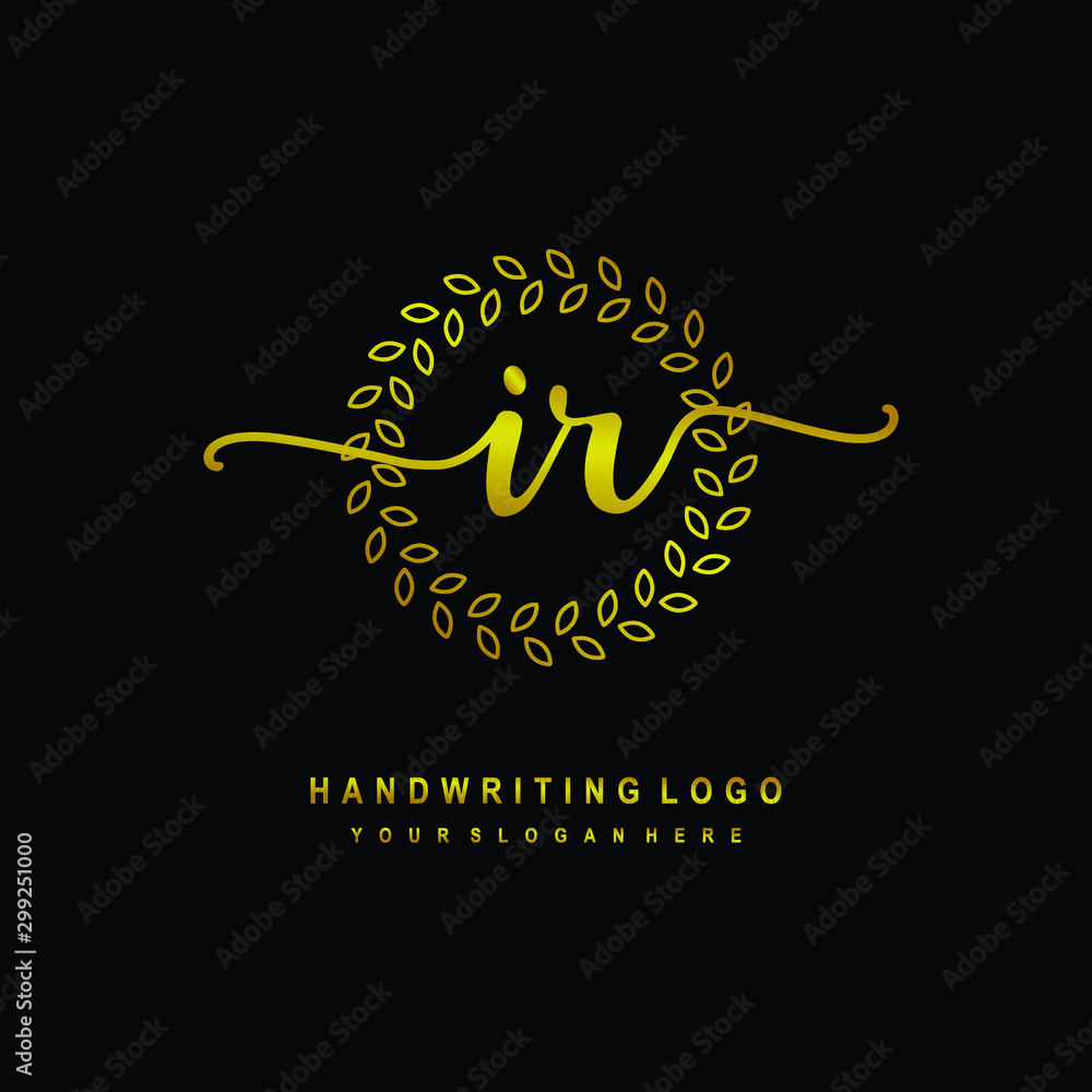 Fototapeta premium Handwriting initials IR, With a gold leaf line template. logo design for, beauty, fashion, cosmetic, business
