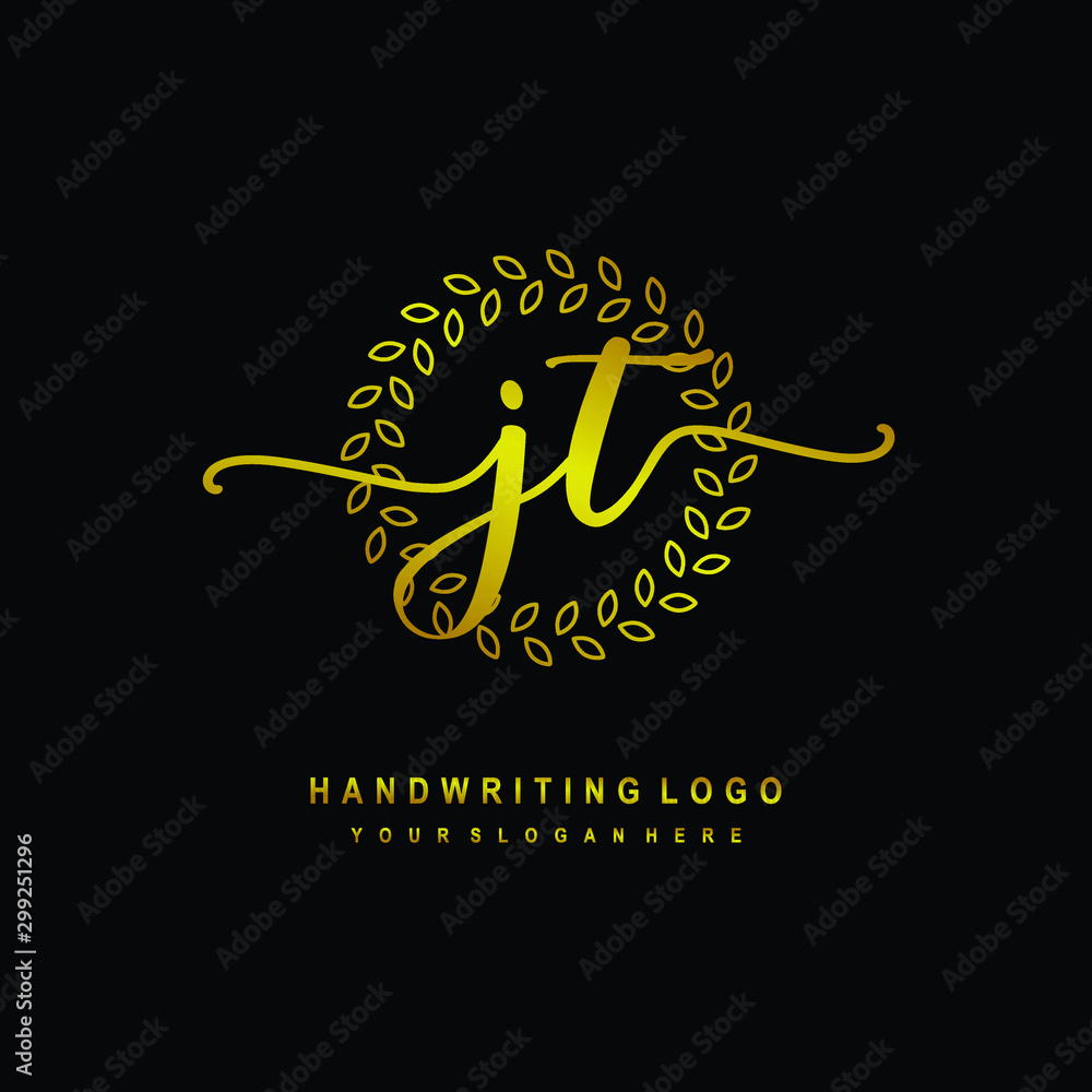 Handwriting initials JS, With a gold leaf line template. logo design for, beauty, fashion, cosmetic, business Handwriting initials JS, With a gold leaf line template. logo design for, beauty, fashion, cosmetic, business