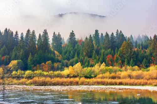 wonderful autumn countryside. mixed forest on the riverside reflecting in calm water. top of the mountain is visible above the rising fog in the distance. magical moment in the morning