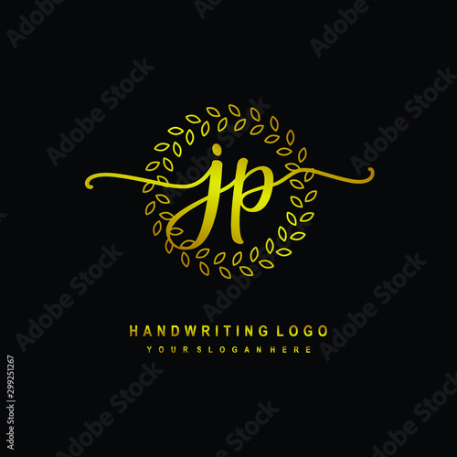 Handwriting initials JP, With a gold leaf line template. logo design for, beauty, fashion, cosmetic, business