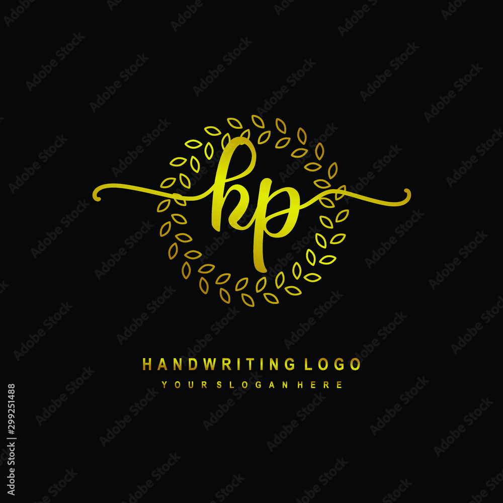 Handwriting initials KP, With a gold leaf line template. logo design for, beauty, fashion, cosmetic, business Handwriting initials KP, With a gold leaf line template. logo design for, beauty, fashion, cosmetic, business