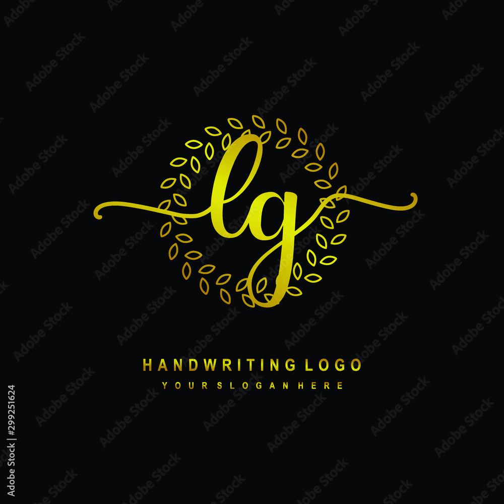 Handwriting initials LG, With a gold leaf line template. logo design for, beauty, fashion, cosmetic, business Handwriting initials LG, With a gold leaf line template. logo design for, beauty, fashion, cosmetic, business