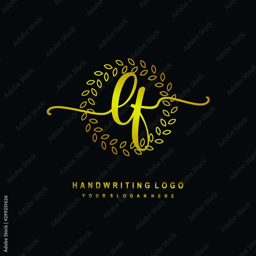 Handwriting initials LF, With a gold leaf line template. logo design for, beauty, fashion, cosmetic, business Handwriting initials LF, With a gold leaf line template. logo design for, beauty, fashion, cosmetic, business