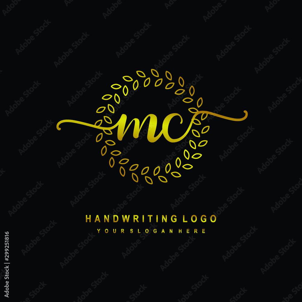 Handwriting initials MC, With a gold leaf line template. logo design for, beauty, fashion, cosmetic, business Handwriting initials MC, With a gold leaf line template. logo design for, beauty, fashion, cosmetic, business