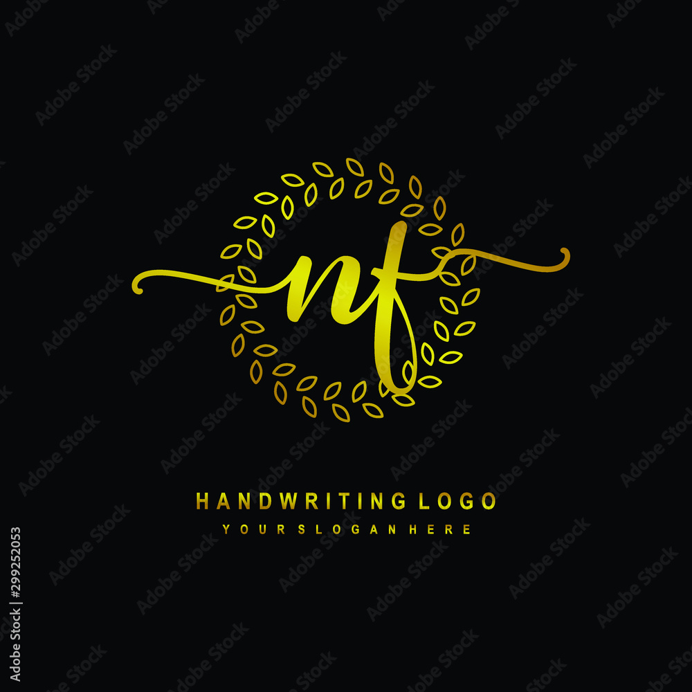 Handwriting initials NF, With a gold leaf line template. logo design for, beauty, fashion, cosmetic, business Handwriting initials NF, With a gold leaf line template. logo design for, beauty, fashion, cosmetic, business