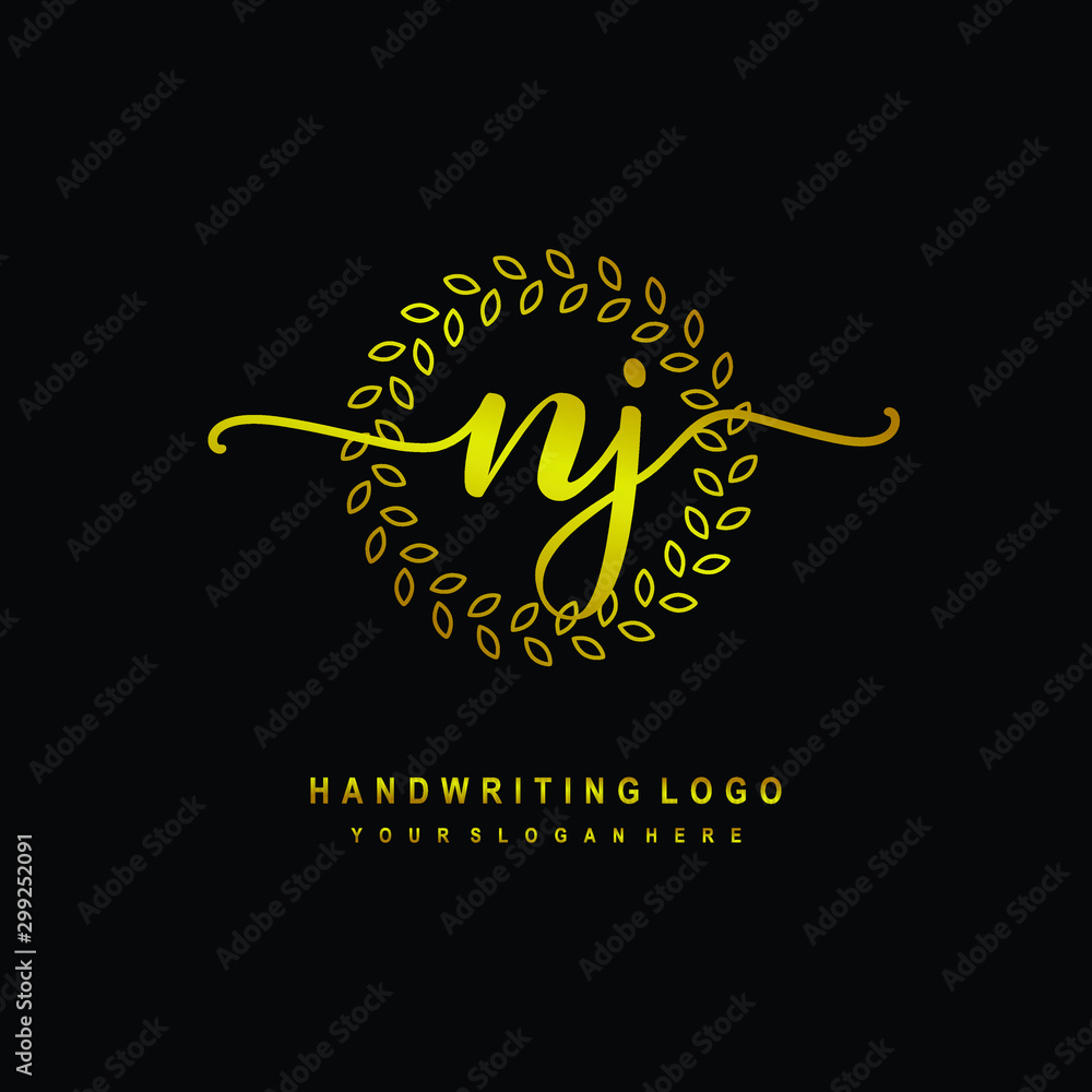 Handwriting initials NJ, With a gold leaf line template. logo design for, beauty, fashion, cosmetic, business Handwriting initials NJ, With a gold leaf line template. logo design for, beauty, fashion, cosmetic, business
