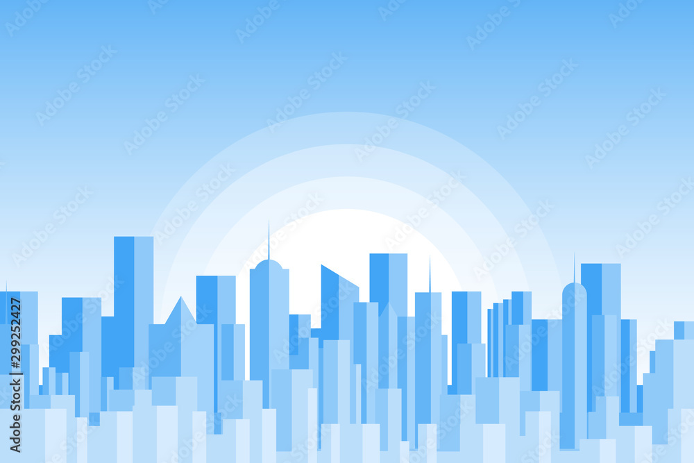 City skyline vector illustration. Urban landscape. Blue city silhouette. Cityscape in flat style. Modern city landscape. Cityscape backgrounds. Daytime city skyline